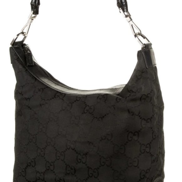 Gucci GG Black Nylon Bamboo Handle Hobo Bag Leather Trim Gunmetal Hardware - Picture 2 of 5